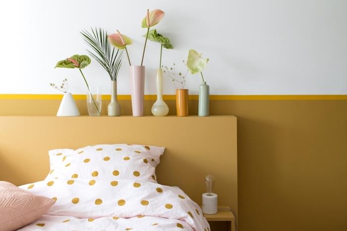 vuxen sovrum måla exempel 2 färger, vilka färger att kombinera i ett trendigt gult och vitt sovrum
