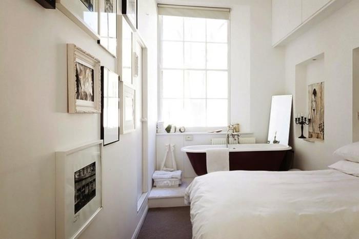 stena rámov hlavnej spálne s bielou kúpeľňou čiernobiely dekor kúpeľa malá spálňa výzdoba parížskeho bytu