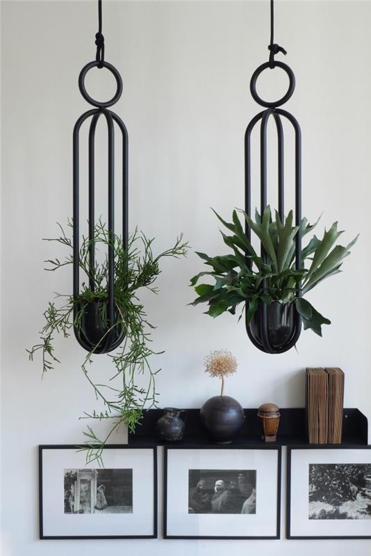 stödmodell för inomhusväxter i metall, modern rumsdekoration med vita väggar med svarta föremål
