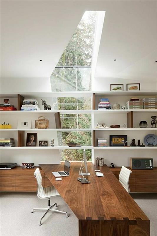 okenná stena-pracovný stôl-rohový-stolička-v-bielej-drevenej polici