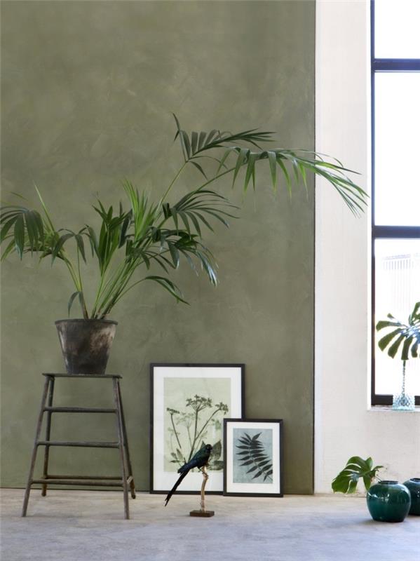 khaki stena efekt zelenej rastliny tyrkysová váza umenie maľba čierny rám zelená výzdoba obývačky