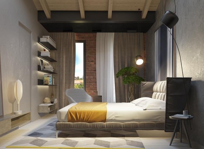 ako zariadiť súčasnú spálňu, dekor miestnosti dreveným a sivým nábytkom, príklad farby s pieskovým efektom