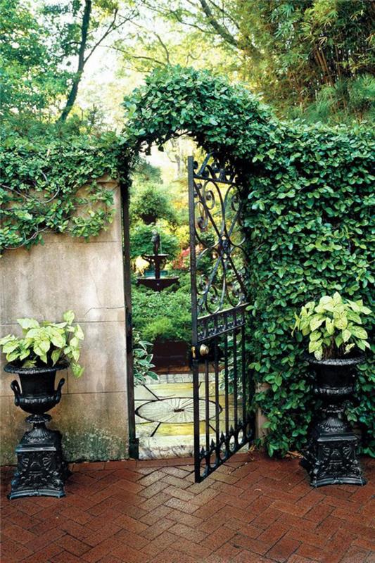 vonkajšie obklady stien, klasická záhrada vo vintage štýle, obliekanie vonkajšej steny zelenými plazivými rastlinami, veľké čierne kovové dvere, dve klasické čierne vázy s manžetami na oboch stranách