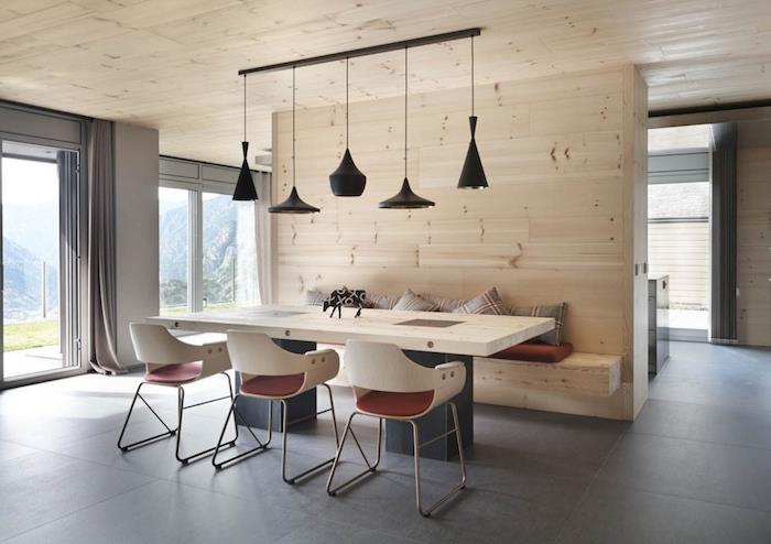 drevená stena s lavicou do kuchyne, oddelenie obývačky od škandinávskeho interiéru