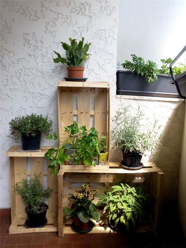 utomhus vegetabilisk väggterrass DIY konstruktion i trälåda gröna växter succulenter balkong deco
