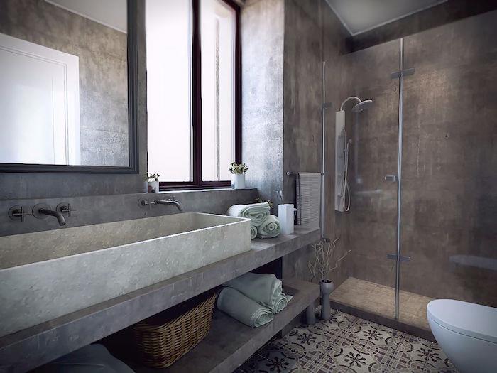 Talianska sprchová stena a umývadlová skrinka zo živicového voskovaného betónu s cementovým umývadlom