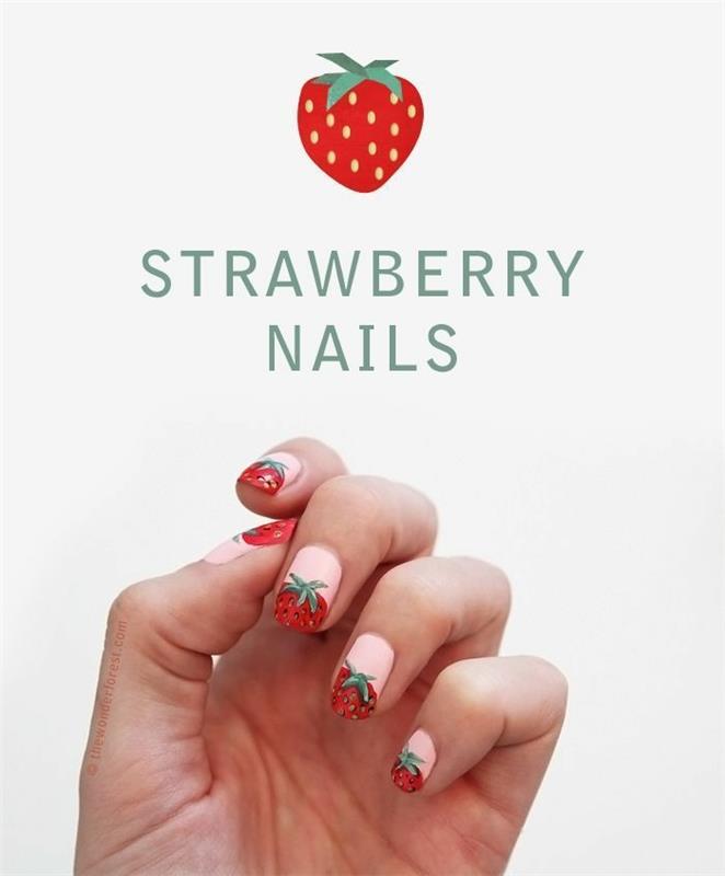 sommar nagelkonst, jordgubbsmönster, rosa manikyr med rött jordgubbe, ny nagelkonstidé, sommarspik
