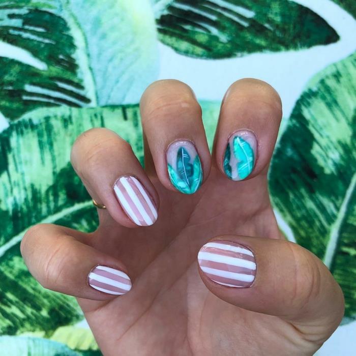 randig manikyr, tropiska löv, rosa och vit nagel, sommar nageldesign, exotiska mönster