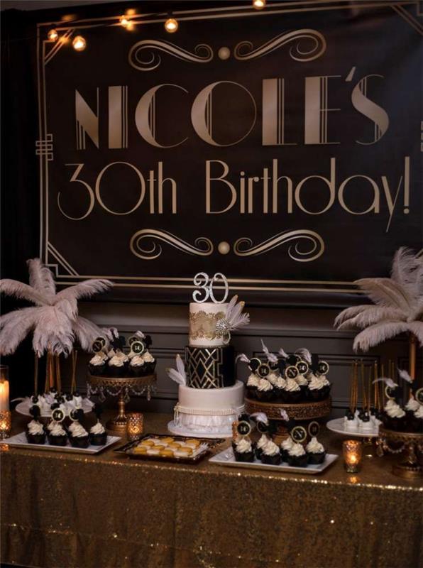 30 års födelsedagstemaidé, festlig bordsdekoration med födelsedagstårta och chokladmuffins desserter