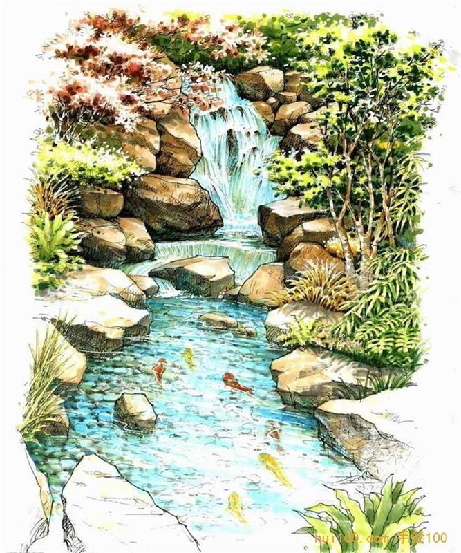 Flod och vattenfall landskap ritning färgglada uggla, skönhet i naturen, enkel och vacker landskapsteckning