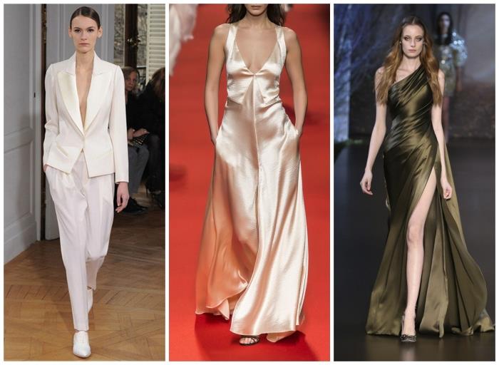 فستانان طويلان من الحرير وبدلة بيضاء ، ترتديهما عارضات الأزياء على المدرج ، اتجاهات خريف وشتاء 2019 2020 ، صور جنبًا إلى جنب لملابس مختلفة
