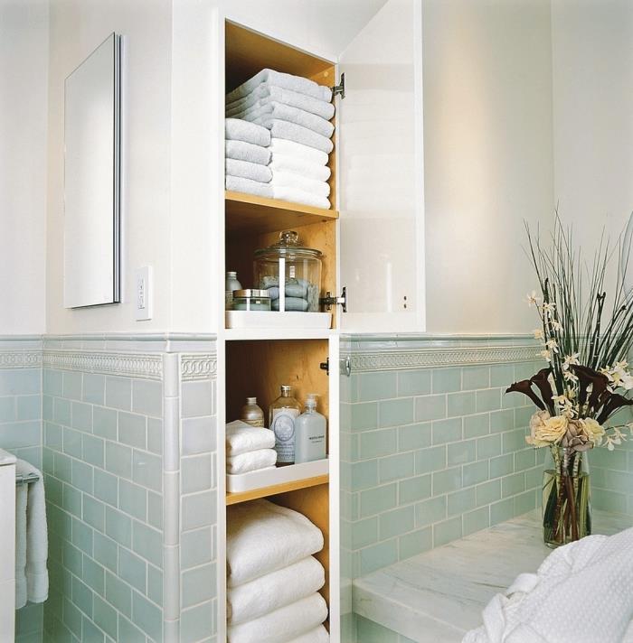 vägg nisch vertikal förvaring gröna kakel handduk bad vägg förvaring badrum