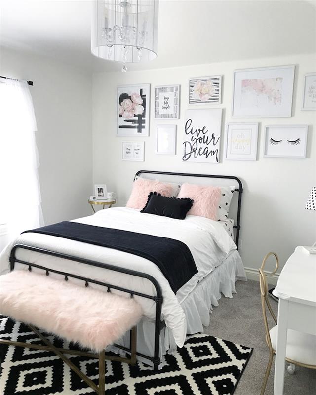 Sivý a ružový dizajn interiéru spálne práškovo ružová farba moderná čiernobiela a ružová dekorácia spálne