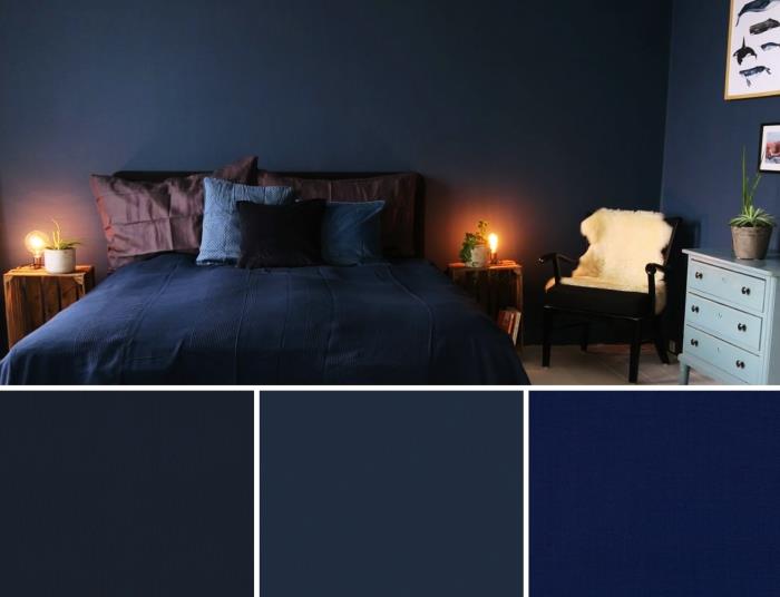 tmavo modrá farba na spálňu pre dospelých príklad tmavo modrej farby na spálňu s akcentmi na drevo