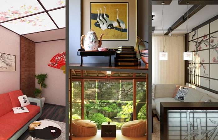 ako dosiahnuť etnický štýl v dekorácii obývačky, príklad japonskej obývačky s drevenou stenou a tradičným ventilátorom