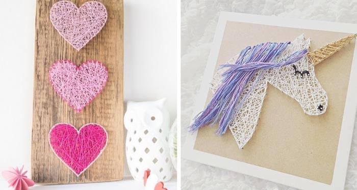 hur man gör ett dekorativt föremål av trä och tråd, massivt träskiva med små hjärtan i ljusrosa och fuchsia -rosa tråd