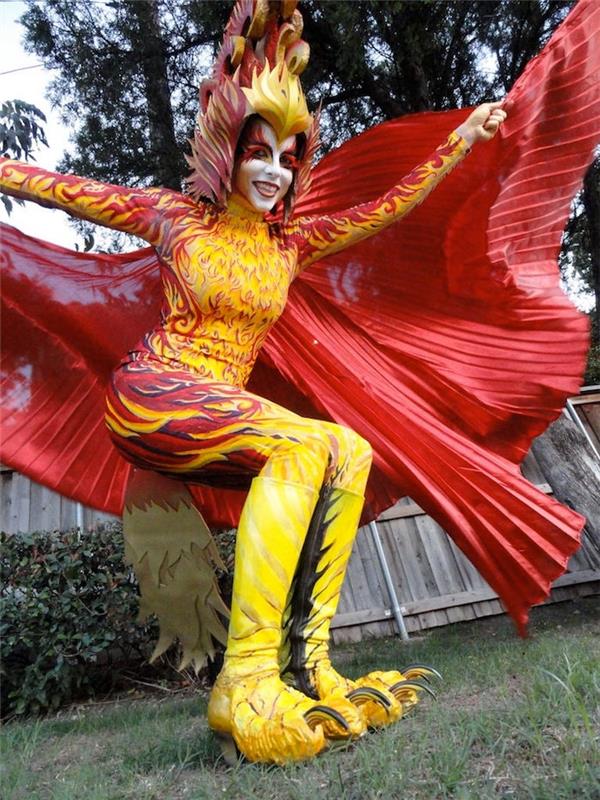 Original röd och gul Phoenix kostym i lågor, vuxen kvinna kostym, karneval kostym