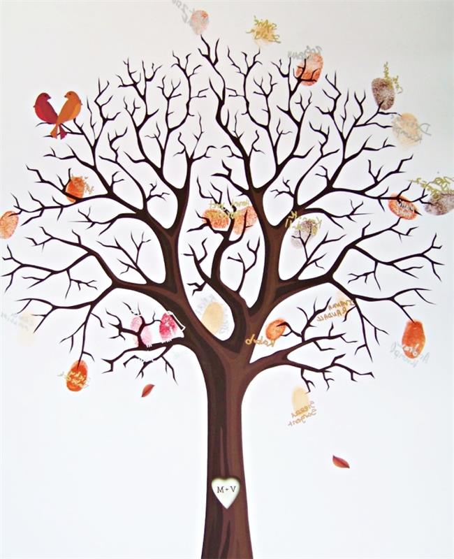 غطاء لحفل الزفاف تحت عنوان سكرابوكينغ ألبوم صور مع رسم شجرة فارغة مع الطيور في الحب وآثار الأقدام