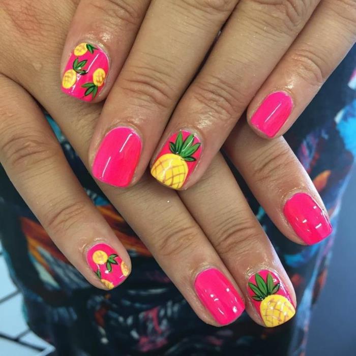 korta naglar, ananas, rosa manikyr, färsk sommar nagelkonstidé, sommargelnagel