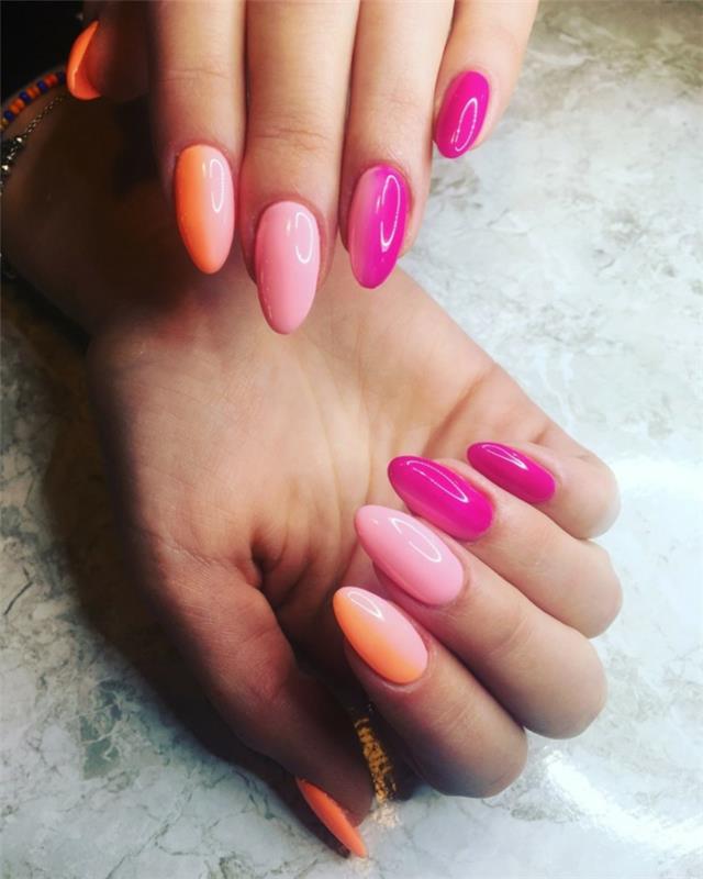 sommar gel nagel, orange, rosa och lila manikyr, mandel naglar, nagel dekoration idé