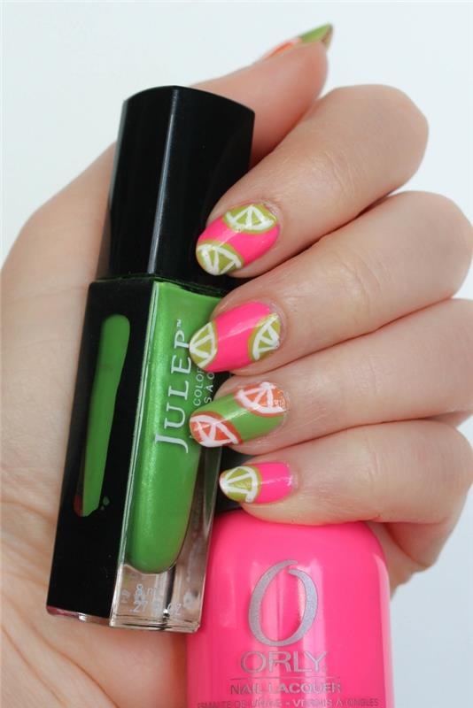 fruktig manikyr, rosa och gröna färger, rosa och grönt nagellack, ovala naglar