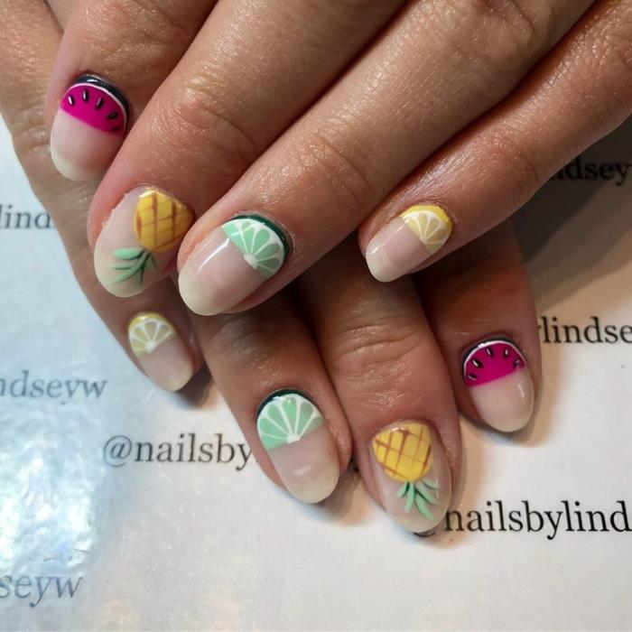 fruktiga naglar, kiwi, ananas, vattenmelon, ovala naglar, sommargelspik, vacker nagelkonstmodell