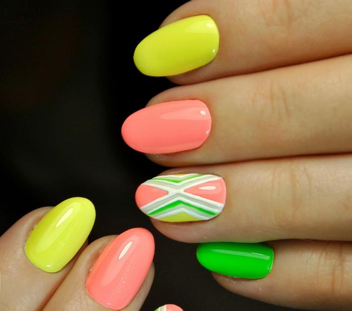 neonmanikyr, regnbågsfärger, grafiska nageldesigner, gula, rosa, gröna färger
