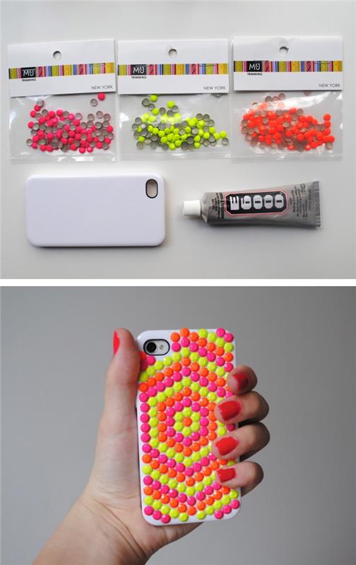 material för att göra en enkel dekoration i ljusa färger på ett vitt telefonfodral med strass och lim