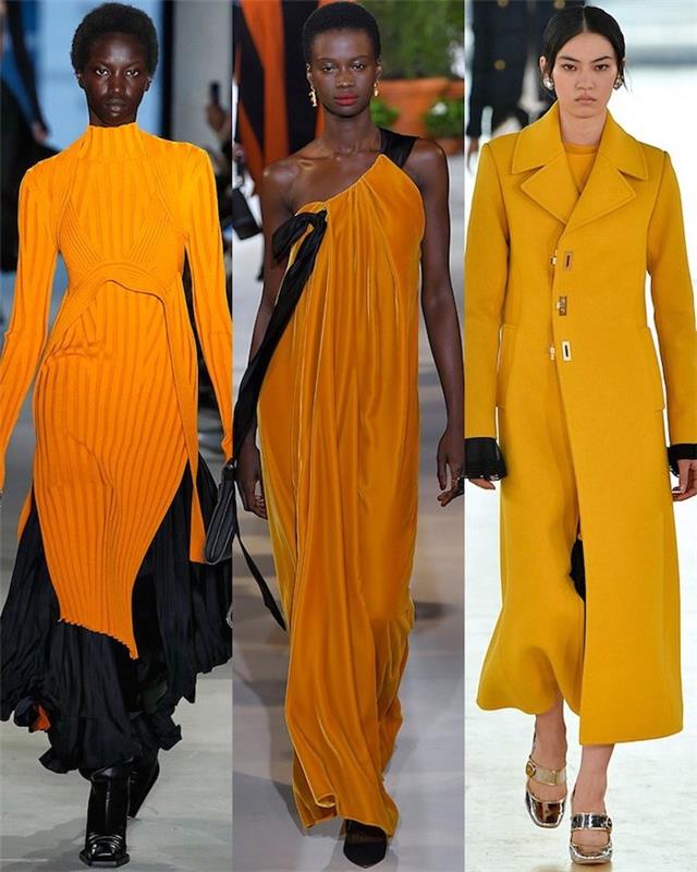 صور جنبًا إلى جنب لثلاث أزياء مختلفة ، أزياء شتوية للنساء ، نساء يرتدين فساتين طويلة باللونين الأصفر والبرتقالي