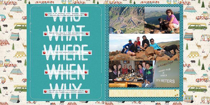 Resedagbokssida, scrapbookingalbum, vem, vad, var, när och varför, lånade svar, resefotografier