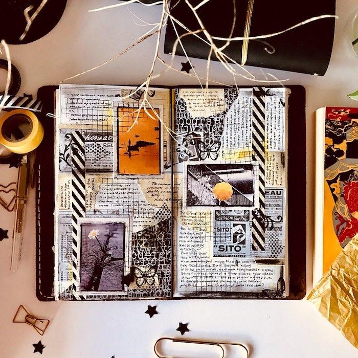 Text, teckningar och foton för ett scrapbookingalbum, hur man gör en resescrapbooking själv