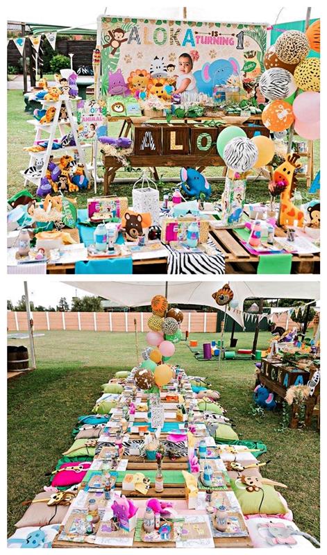 utomhus födelsedagsbord dekor, organisera en födelsedag picknick på safari tema, soffbord i pallar med safari dekor för en födelsedag picknick