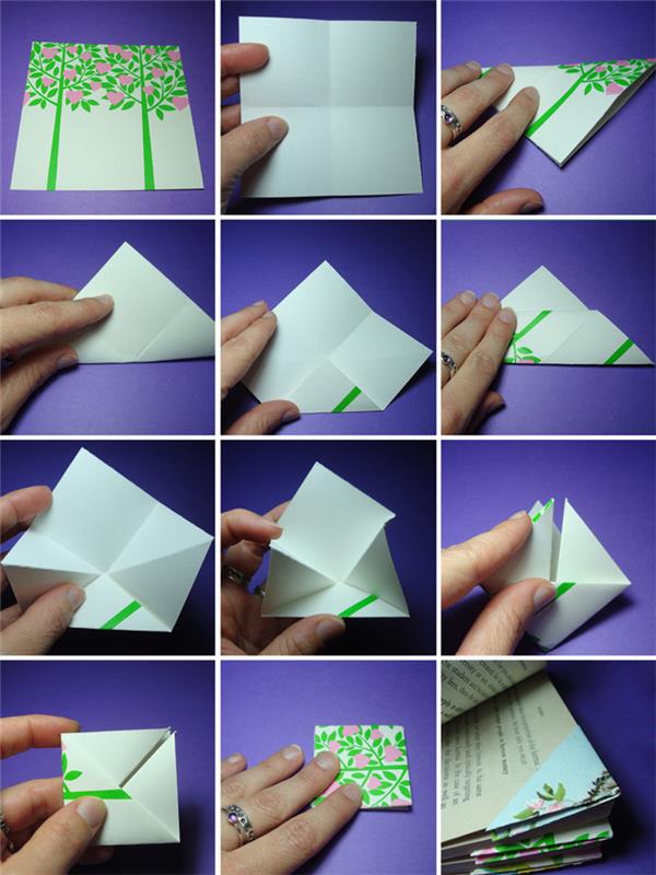 ľahké skladanie papiera na výrobu jednoduchej záložky origami na tlačený papier so vzorom rastlín, origami pre domácich majstrov na začiatok školského roka