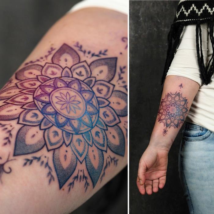 Farebné tetovanie mandaly s imitáciou kvetov, vyberte si moje prvé tetovanie a originálny nápad na tetovanie