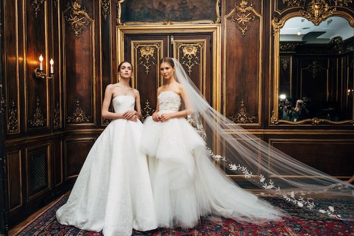 biele haute couture svadobné šaty, princeznovský model a originálny model s skladanou sukňou a perovým topom