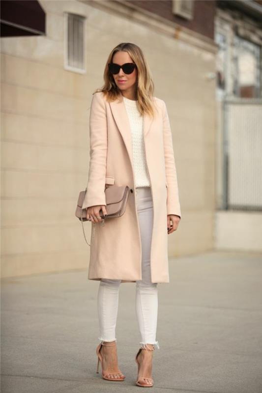 oufit-Elegant-femme-denim-white-Slim-Beige-Pink-coat-Shoulder-bag-Elegant-Channel