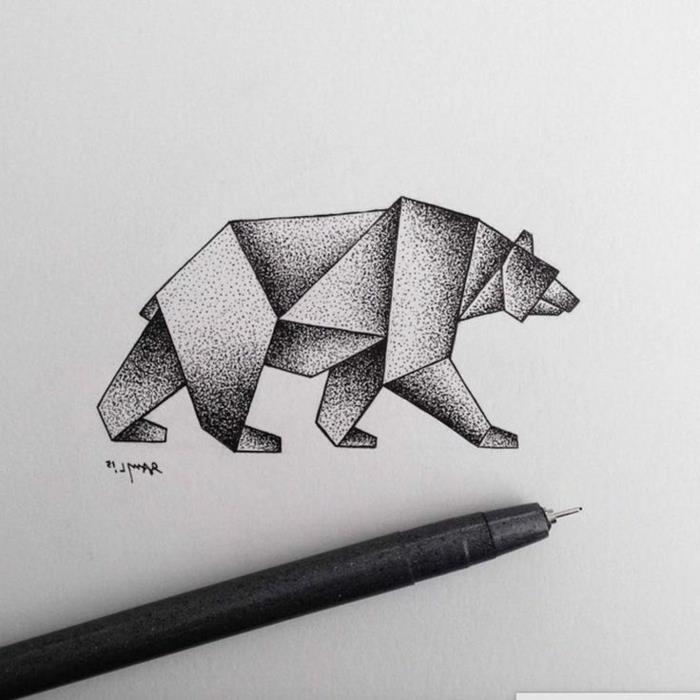 Konstritning svartvitt beundransvärda djur konstnärliga ritningar björnbjörn geometrisk design tatuering idé