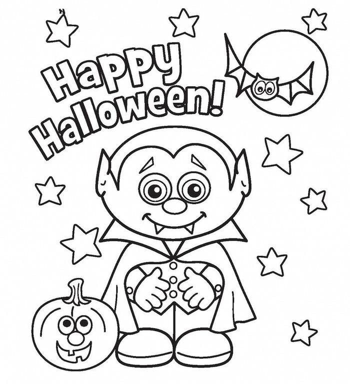 Halloween dekor för att skriva ut och färga med liten vampyr pumpa och fladdermus för att fira god halloween
