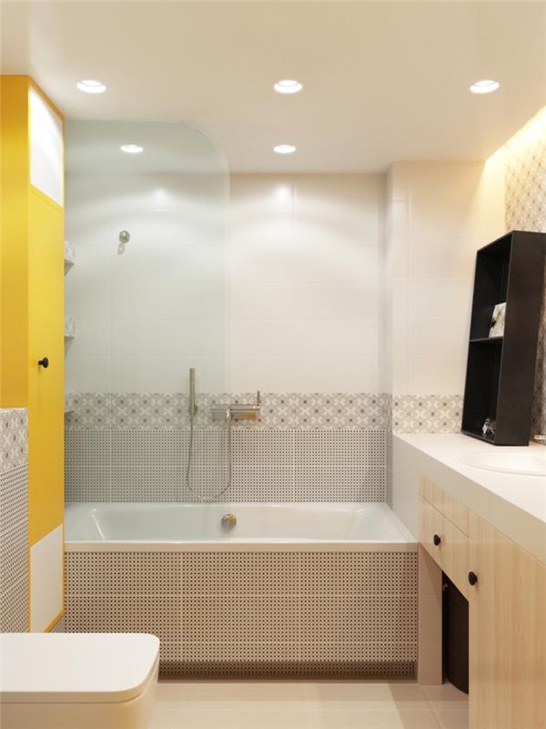 hur man integrerar ett badkar i ett litet badrum, badrumsinredning med vita väggar med grafisk kakel och färgad väggdel