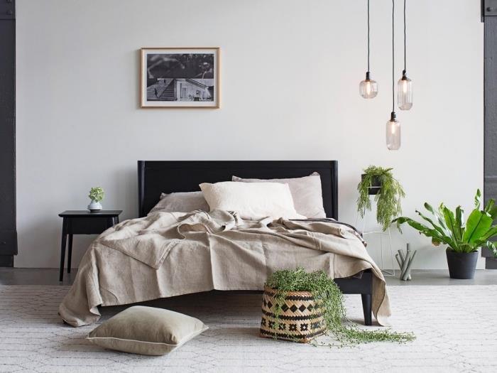 minimalistisk och modern inredning i bohemisk stil med växter, master bedroom deco med vita skuggväggar