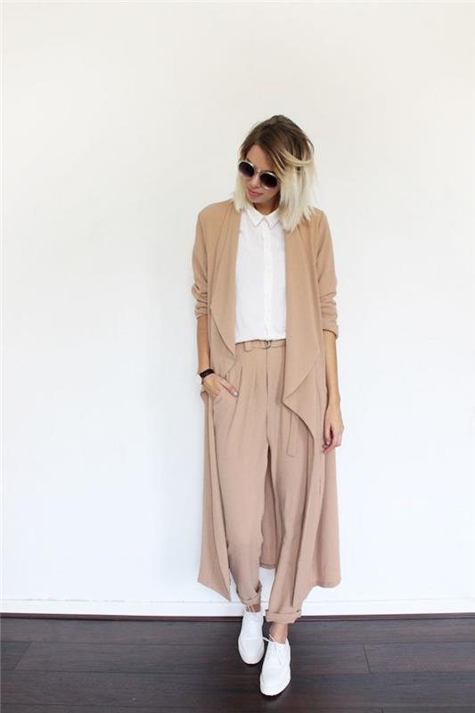 beige färgkombination, elegant kvinna modell vita skor, vit skjorta med lim och lång naken väst