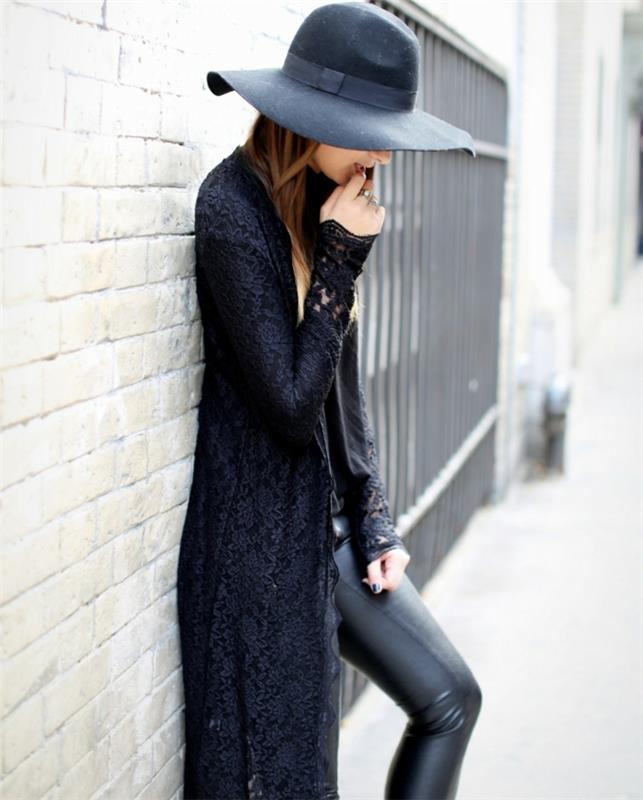 čo nosiť s čiernymi nohavicami, čiernym plášťom, čiernou manikúrou, čiernym čipkovaným kabátom