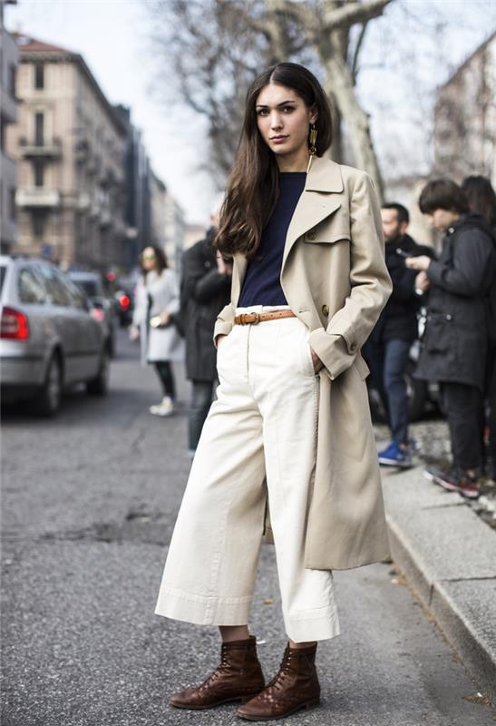 trendový vzhľad s culottes a dlhým kabátom pre ženy v khaki béžovej farbe