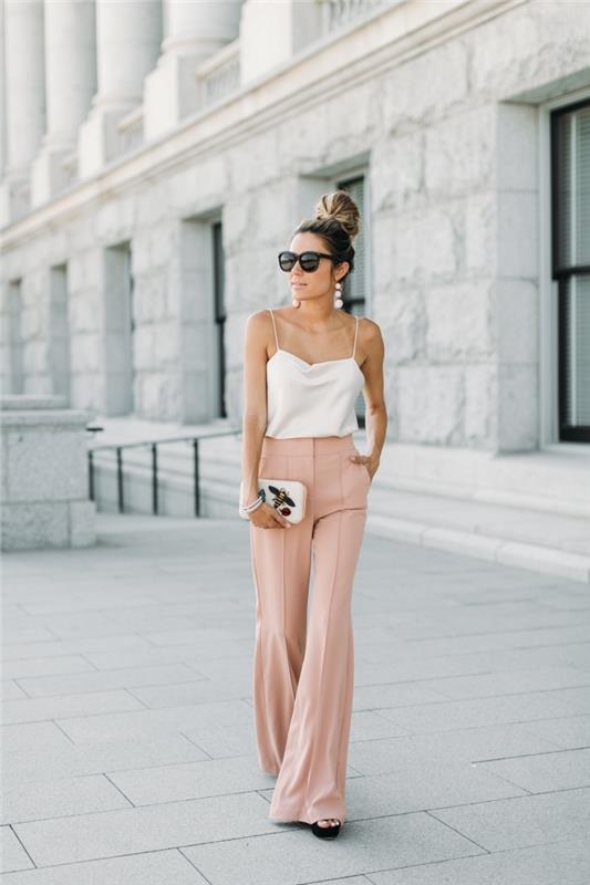 elegantné ružové nohavice v kombinácii s bielym tielkom, elegantným nápadom na svadbu, účesom s vysokým drdolom a svetloružovými nohavicami