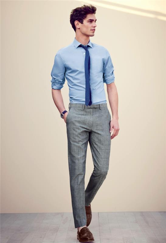 vilken färg på kläder för ett professionellt utseende, idé om avslappnad affärsdräkt för män i grått och blått