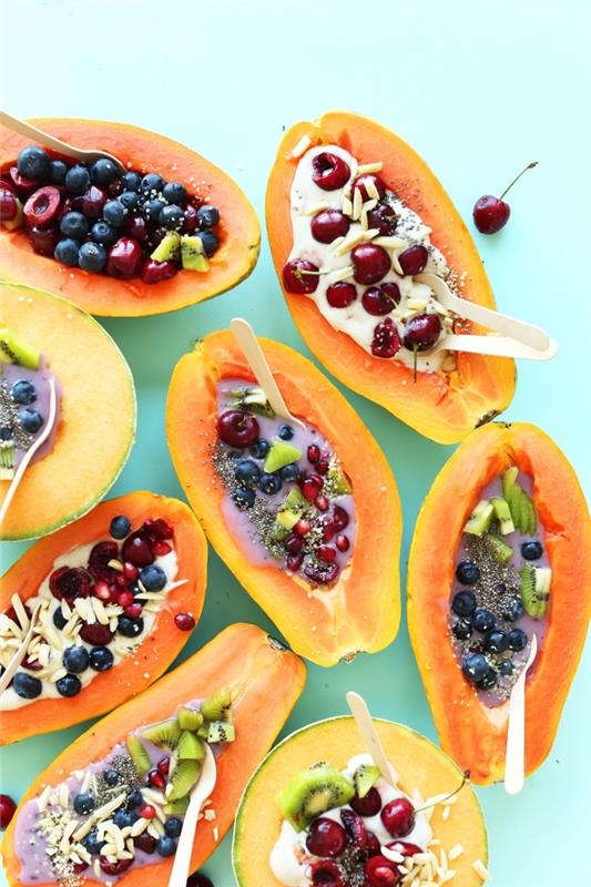 nápad na zdravé raňajky z misiek papáje so šalátom z čerstvého ovocia, semienok a jogurtu