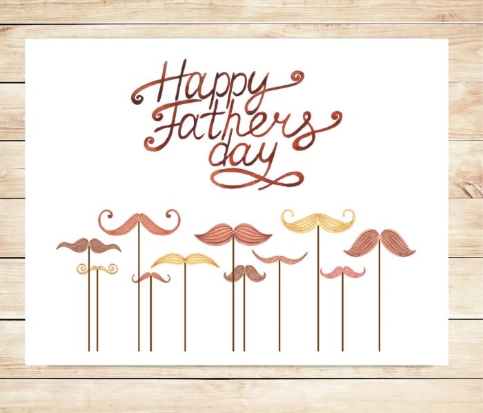 exempel på DIY -kort med illustrationer med mustascher och bokstäver glad pappas dag, lätt DIY -farsdag