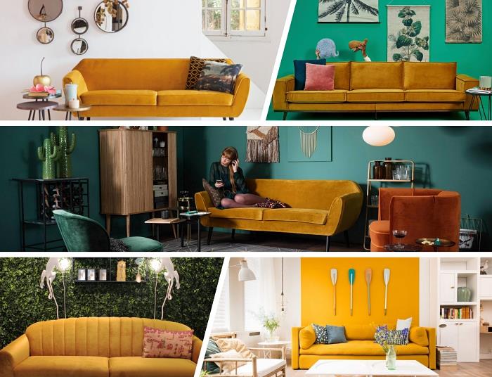 hur man integrerar senapsgul färg i inredningen, exempelvis vardagsrum med mörkgröna väggar med gul soffa