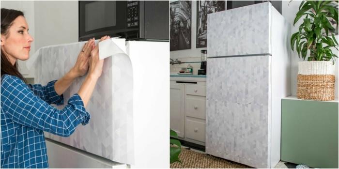 självhäftande tapeter för att förnya ditt kylskåp, idé om hur du renoverar ditt kök till en lägre kostnad