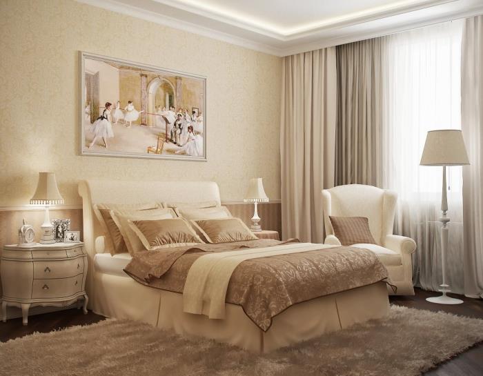lyxigt retro design sovrum med beige fluffig matta och beige färgad tapet, vit golvlampa modell